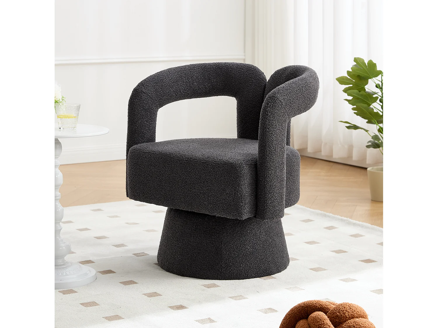 360° draaibare fauteuil in boucléstof, modern design met brede, gewatteerde zitting, antracietgrijs (67x55x74cm)
