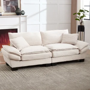 2-zitsbank met omvormbaar matras, in fluweel, met kussens en modern design, beige (lengte x breedte x hoogte cm) 2-zitsbank met omvormbaar matras, in fluweel, met kussens en modern design, beige (lengte x breedte x hoogte cm)