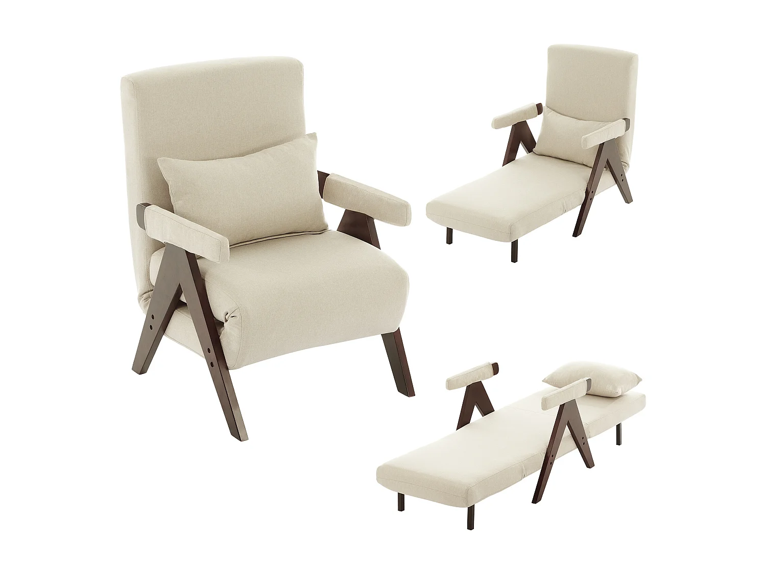 3-in-1 fauteuil met bedfunctie, omvormbaar, beige linnen stof (64x68,5x93 cm)