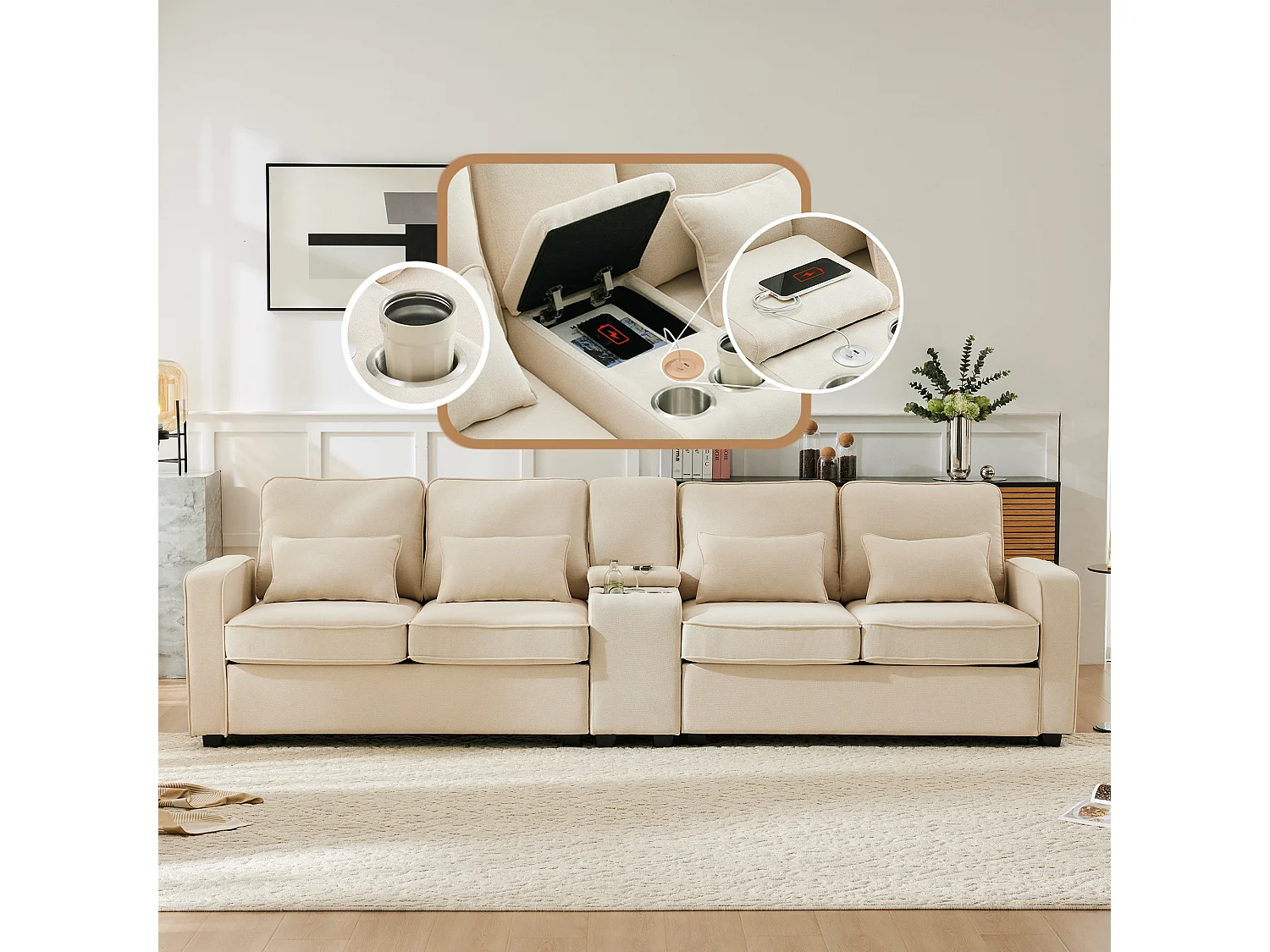 4-zits linnen bank, met console, 2 bekerhouders, 2 USB-poorten, opbergruimte in de armleuningen, 4 kussens, beige (290x83x88 cm)