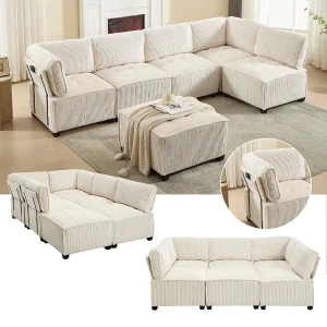 6-zits modulaire bank, corduroy, ergonomisch, opbergruimte, flexibel, hout en metaal, beige (308x154x81,99 cm)