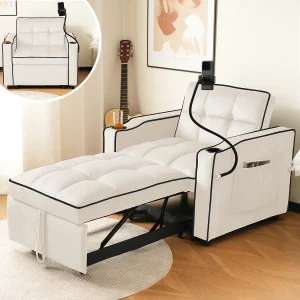 3-in-1 slaapbank met bekerhouders en telefoonhouder, fluweel, beige (83x167x76 cm) 3-in-1 slaapbank met bekerhouders en telefoonhouder, fluweel, beige (83x167x76 cm)