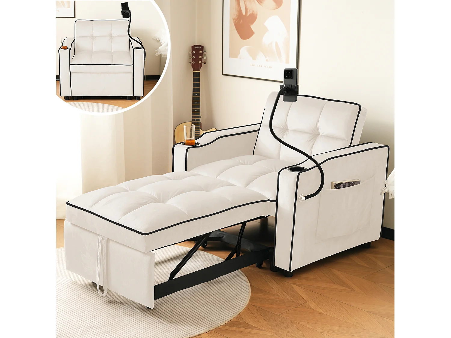 3-in-1 slaapbank met bekerhouders en telefoonhouder, fluweel, beige (83x167x76 cm)