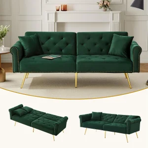 2-zits slaapbank, fluweel, 3-voudig verstelbare rugleuning, gouden metalen poten, bedfunctie, beige (173x75x70 cm) 2-zits slaapbank, fluweel, 3-voudig verstelbare rugleuning, gouden metalen poten, bedfunctie, beige (173x75x70 cm)