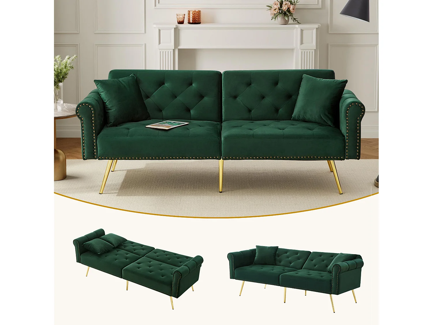 2-zits slaapbank, fluweel, 3-voudig verstelbare rugleuning, gouden metalen poten, bedfunctie, beige (173x75x70 cm)