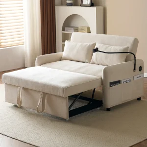 2-zits slaapbank met bedfunctie, chenille, beige, met bekerhouders en USB-aansluitingen (129x76x81 cm) 2-zits slaapbank met bedfunctie, chenille, beige, met bekerhouders en USB-aansluitingen (129x76x81 cm)