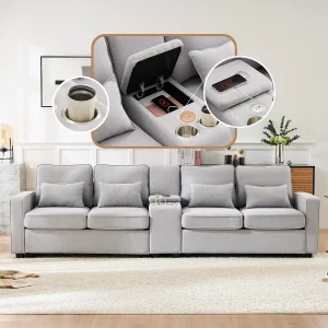 4-zits linnen bank, met console, 2 bekerhouders, 2 USB-aansluitingen, opbergruimte in de armleuningen, 4 kussens, grijs (290x83x88 cm) 4-zits linnen bank, met console, 2 bekerhouders, 2 USB-aansluitingen, opbergruimte in de armleuningen, 4 kussens, grijs (290x83x88 cm)