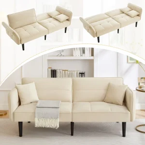 2-in-1 slaapbank, modern design, fluweel, met opklapbare armleuningen en bedfunctie, beige (176x78x76 cm) 2-in-1 slaapbank, modern design, fluweel, met opklapbare armleuningen en bedfunctie, beige (176x78x76 cm)