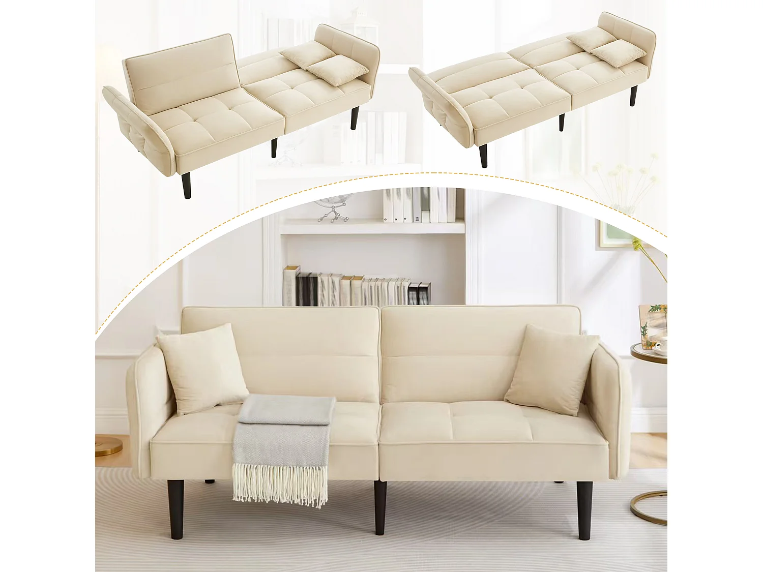 2-in-1 slaapbank, modern design, fluweel, met opklapbare armleuningen en bedfunctie, beige (176x78x76 cm)