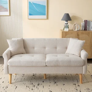 2-zits chenillebank, modern design, gestoffeerde bank met dikke kussens, beige (162x74x77 cm) 2-zits chenillebank, modern design, gestoffeerde bank met dikke kussens, beige (162x74x77 cm)
