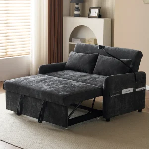 2-zits slaapbank met uitklapfunctie, chenille, met bekerhouders, USB, grijs (129x76x81 cm) 2-zits slaapbank met uitklapfunctie, chenille, met bekerhouders, USB, grijs (129x76x81 cm)
