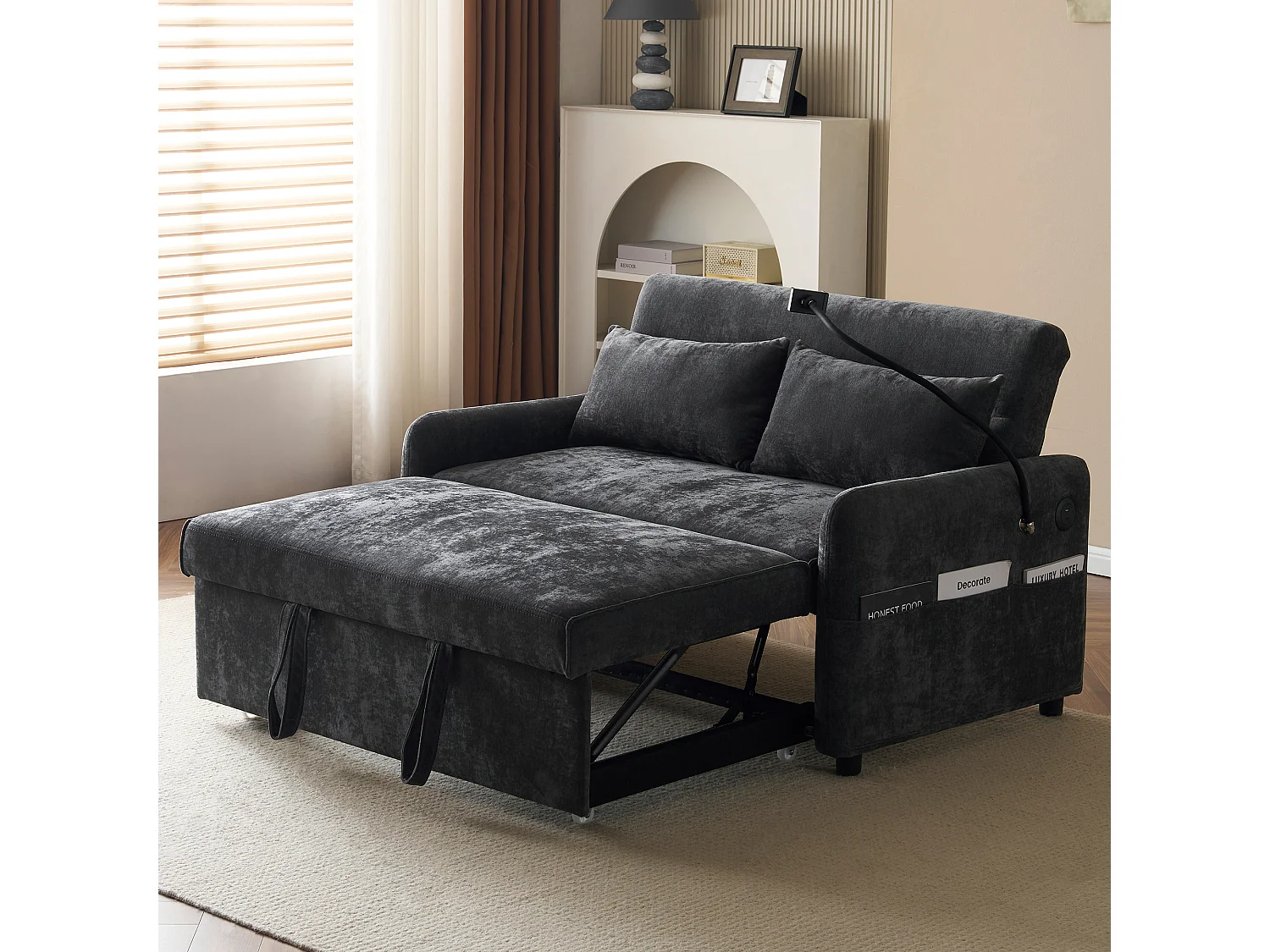 2-zits slaapbank met uitklapfunctie, chenille, met bekerhouders, USB, grijs (129x76x81 cm)