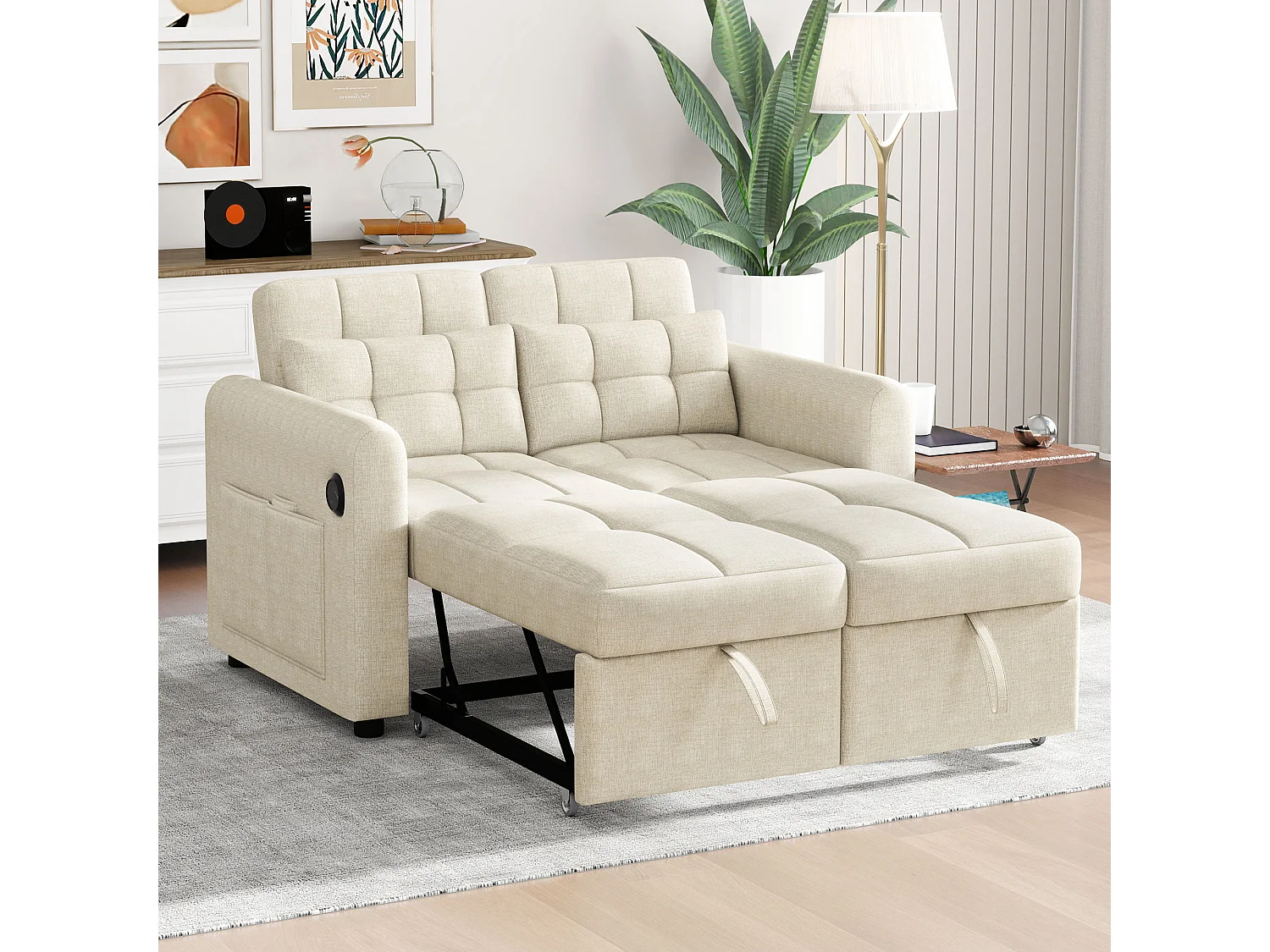 3-in-1 slaapbank met verstelbare rugleuning, modern design, linnen en katoenen stof, beige (216x161x81 cm)