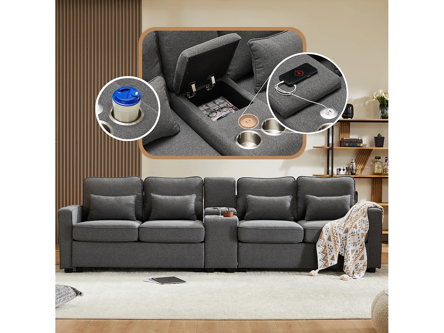 4-zitsbank, modern design, linnen, met console, 2 bekerhouders, 2 USB-aansluitingen, 4 kussens, grijs (290x83x88 cm)