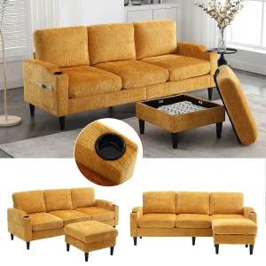 4-zitsbank met voetenbank en opbergruimte, chenille, geel, comfortabele armleuningen, bekerhouders (196,5 x 75 x 77 cm) 4-zitsbank met voetenbank en opbergruimte, chenille, geel, comfortabele armleuningen, bekerhouders (196,5 x 75 x 77 cm)