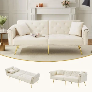 2-zits slaapbank, in fluweel, met 3-voudig verstelbare rugleuning, gouden metalen poten, bedfunctie, beige (173x75x70 cm) 2-zits slaapbank, in fluweel, met 3-voudig verstelbare rugleuning, gouden metalen poten, bedfunctie, beige (173x75x70 cm)