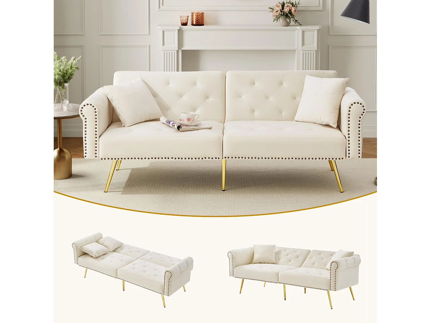 2-zits slaapbank, in fluweel, met 3-voudig verstelbare rugleuning, gouden metalen poten, bedfunctie, beige (173x75x70 cm)