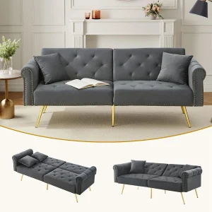 2-zits slaapbank, fluweel, 3-voudig verstelbare rugleuning, gouden metalen poten, bedfunctie, antiekgrijs (173x75x70 cm) 2-zits slaapbank, fluweel, 3-voudig verstelbare rugleuning, gouden metalen poten, bedfunctie, antiekgrijs (173x75x70 cm)