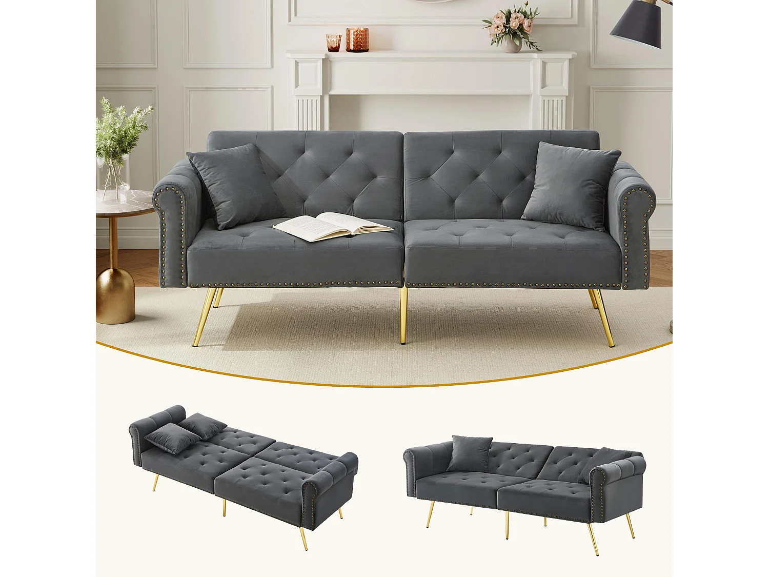 2-zits slaapbank, fluweel, 3-voudig verstelbare rugleuning, gouden metalen poten, bedfunctie, antiekgrijs (173x75x70 cm)