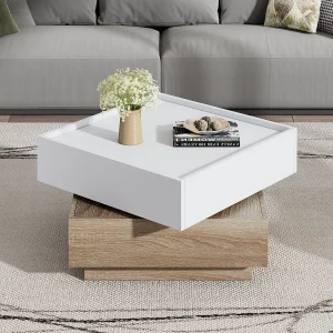 360° draaibare salontafel met 2 lagen, spaanplaat, wit en walnoot (60x60x38cm) 360° draaibare salontafel met 2 lagen, spaanplaat, wit en walnoot (60x60x38cm)