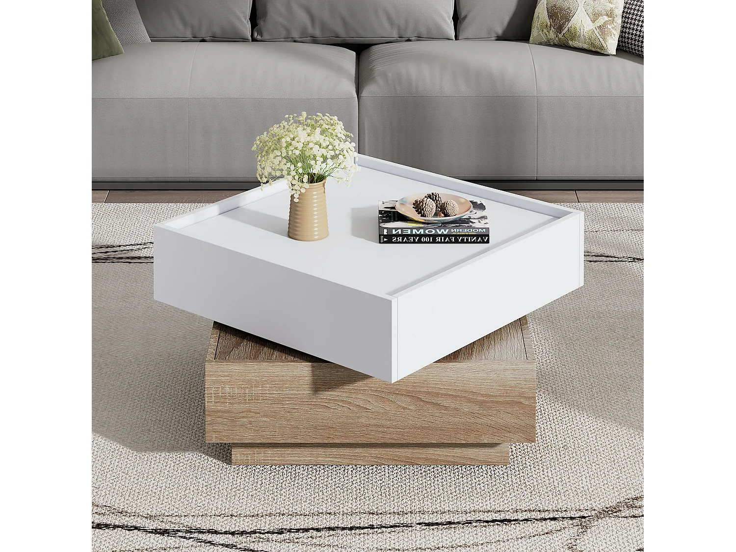 360° draaibare salontafel met 2 lagen, spaanplaat, wit en walnoot (60x60x38cm)