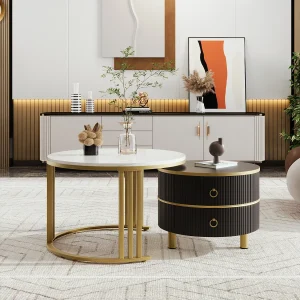 2-delige stapelbare salontafel, modern design, MDF, goud en zwart, met opberglades (70x70x46 + 50x50x40 cm) 2-delige stapelbare salontafel, modern design, MDF, goud en zwart, met opberglades (70x70x46 + 50x50x40 cm)