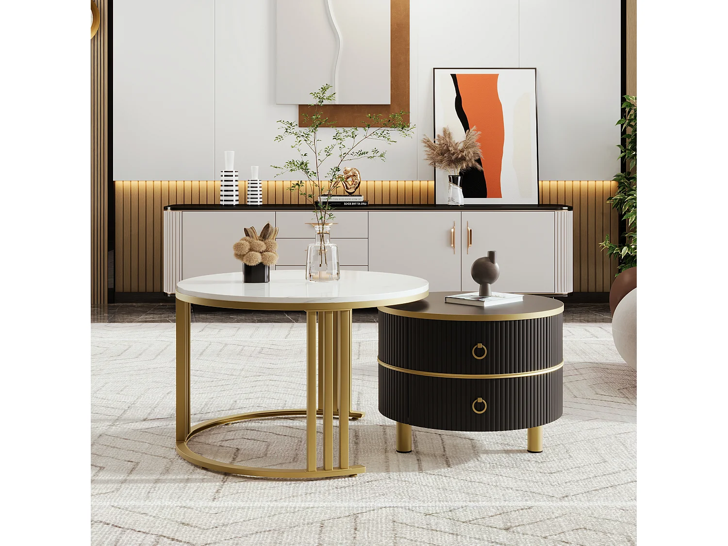 2-delige stapelbare salontafel, modern design, MDF, goud en zwart, met opberglades (70x70x46 + 50x50x40 cm)