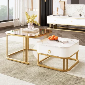 2-delige stapelbare salontafel, MDF, modern design, met gouden accenten, theebruin glas en marmeren blad (60x60x42,5 cm en 50x50x34 cm) 2-delige stapelbare salontafel, MDF, modern design, met gouden accenten, theebruin glas en marmeren blad (60x60x42,5 cm en 50x50x34 cm)