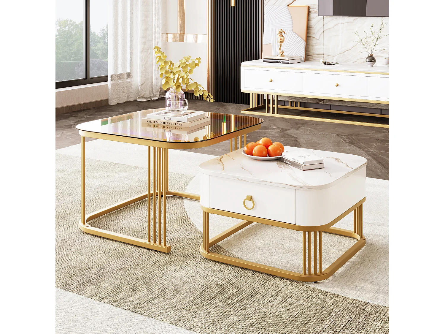 2-delige stapelbare salontafel, MDF, modern design, met gouden accenten, theebruin glas en marmeren blad (60x60x42,5 cm en 50x50x34 cm)
