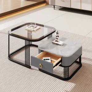 2-delige stapelbare salontafel, modern design, MDF, zwart en grijs, met glazen blad (60 x 60 x 42 cm & 50 x 50 x 34 cm)