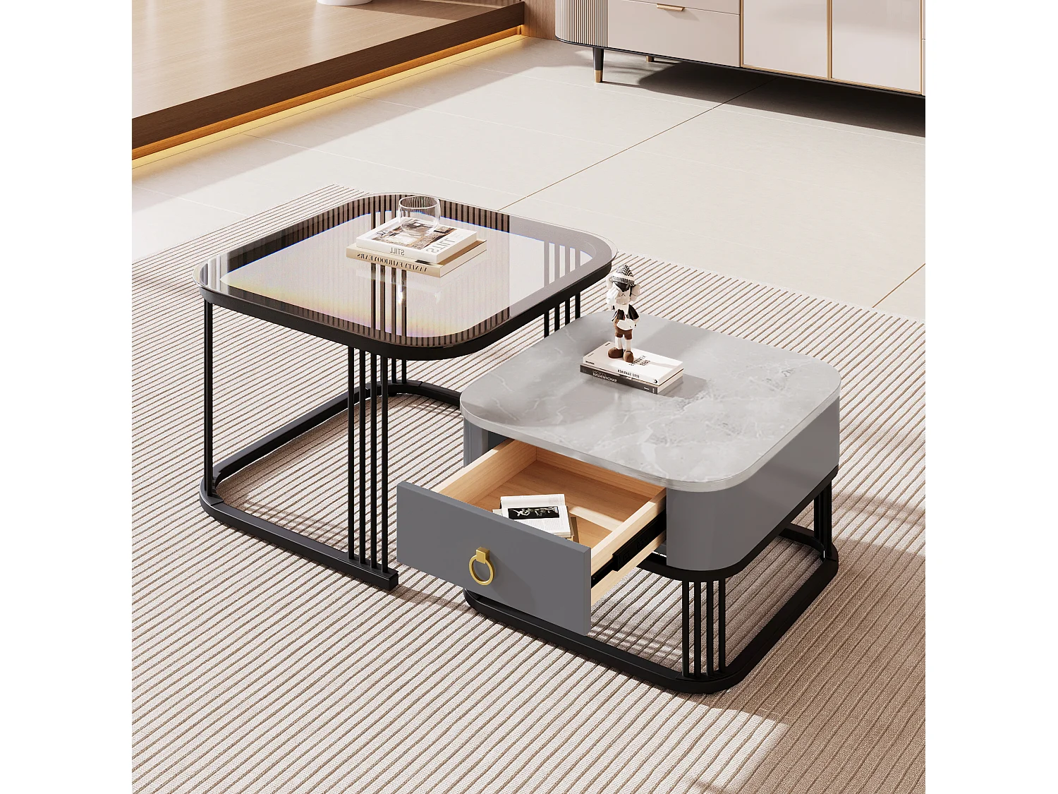 2-delige stapelbare salontafel, modern design, MDF, zwart en grijs, met glazen blad (60 x 60 x 42 cm & 50 x 50 x 34 cm)