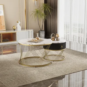 2-delige stapelbare salontafel, modern design, MDF, wit en goud, met opberglades (70x70x45 + 50x50x40 cm)