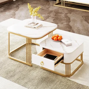 2-delige stapelbare salontafel, modern design, hoogglans, gouden accenten, met marmeren blad en lades (60x60x45 + 50x50x34 cm) 2-delige stapelbare salontafel, modern design, hoogglans, gouden accenten, met marmeren blad en lades (60x60x45 + 50x50x34 cm)