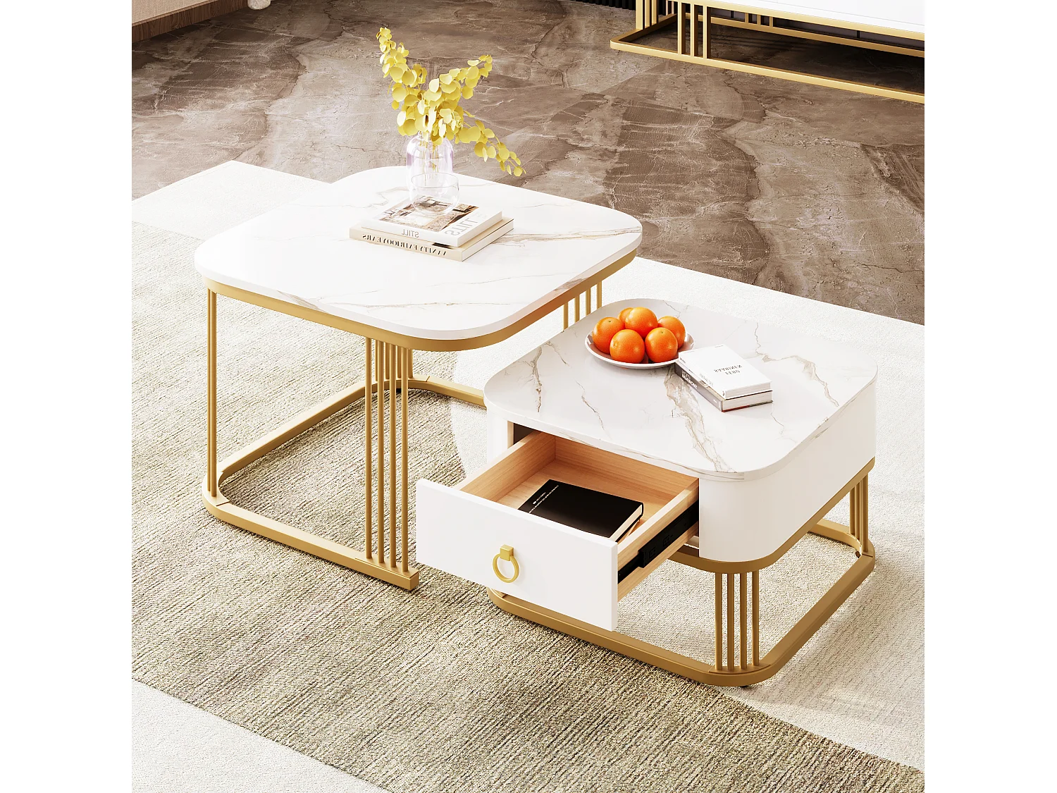 2-delige stapelbare salontafel, modern design, hoogglans, gouden accenten, met marmeren blad en lades (60x60x45 + 50x50x34 cm)