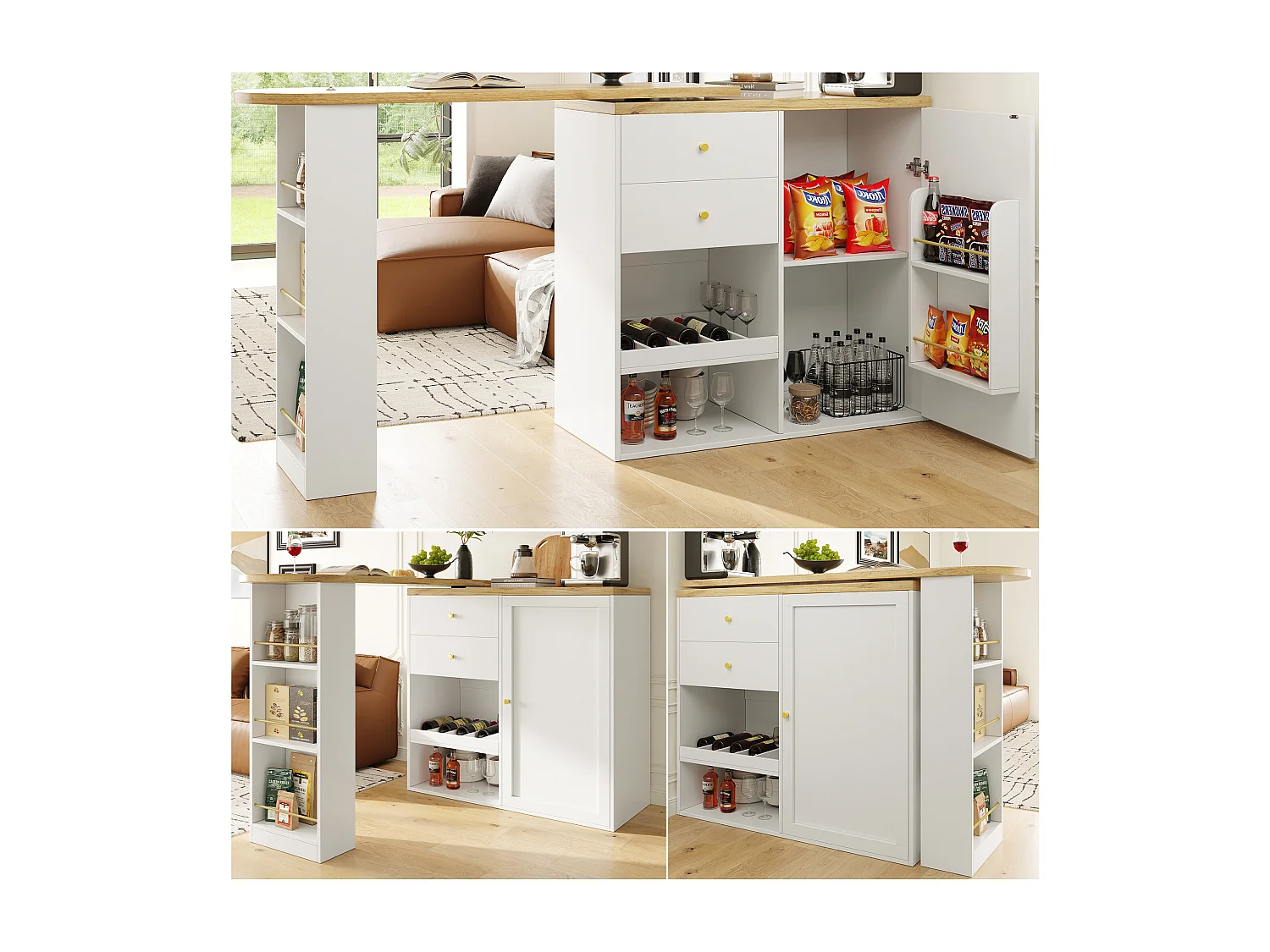 360° draaibare bartafel met 2 lades en 3 open planken, MDF, wit en zwart (105x39x102 cm)
