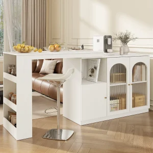 360° draaibare bartafel (120×40×97 cm), multifunctioneel meubel met glazen deur, wit, modern en strak design 360° draaibare bartafel (120×40×97 cm), multifunctioneel meubel met glazen deur, wit, modern en strak design