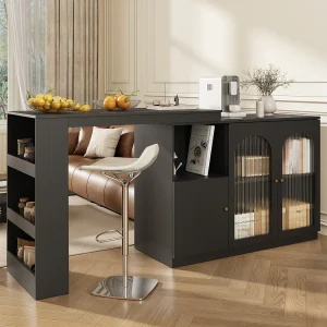 360° draaibare bartafel (120×40×97 cm), modern meubel met glazen deur en opbergvak, voor keuken en woonkamer 360° draaibare bartafel (120×40×97 cm), modern meubel met glazen deur en opbergvak, voor keuken en woonkamer