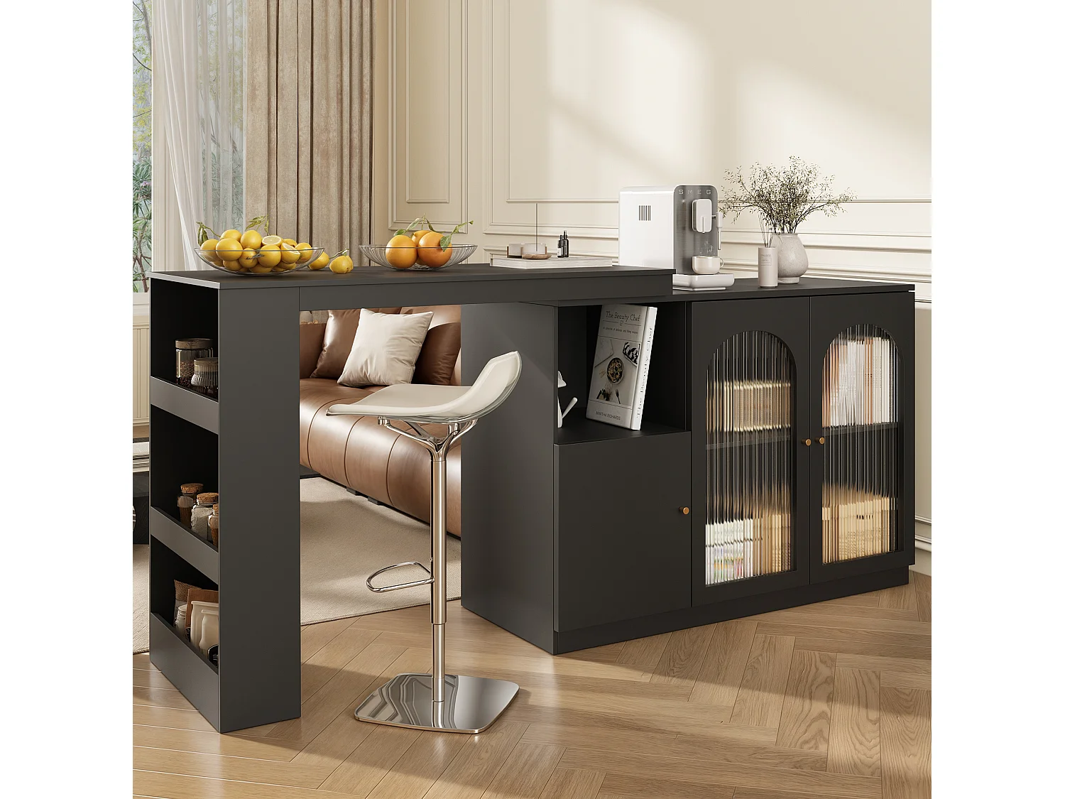 360° draaibare bartafel (120×40×97 cm), modern meubel met glazen deur en opbergvak, voor keuken en woonkamer
