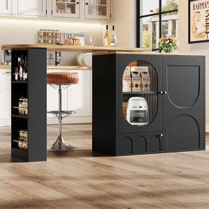 360° draaibare bartafel, opbergkast met deuren, MDF en metaal, zwart-wit (137,9 x 73 x 92,5 cm) 360° draaibare bartafel, opbergkast met deuren, MDF en metaal, zwart-wit (137,9 x 73 x 92,5 cm)