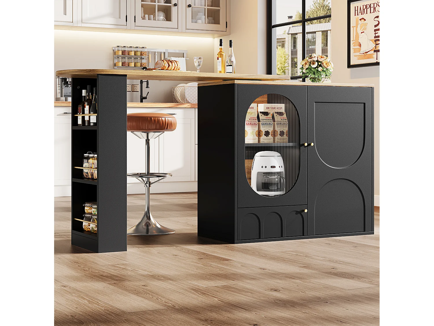 360° draaibare bartafel, opbergkast met deuren, MDF en metaal, zwart-wit (137,9 x 73 x 92,5 cm)