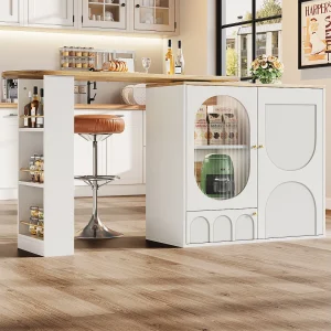 360° draaibare bartafel, meubel met opbergruimte, MDF en metaal, wit en zwart (137,9x73x92,5 cm) 360° draaibare bartafel, meubel met opbergruimte, MDF en metaal, wit en zwart (137,9x73x92,5 cm)