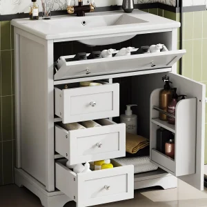 Badmeubel met keramische wastafel – 1 deur en 3 laden – wit (kraan niet inbegrepen)