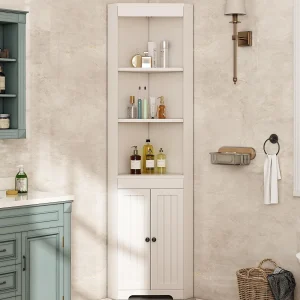 Badmeubel 49,5×35×170 cm – 3 open vakken – 2 vochtbestendige deuren – verstelbare planken – wit Badmeubel 49,5×35×170 cm – 3 open vakken – 2 vochtbestendige deuren – verstelbare planken – wit