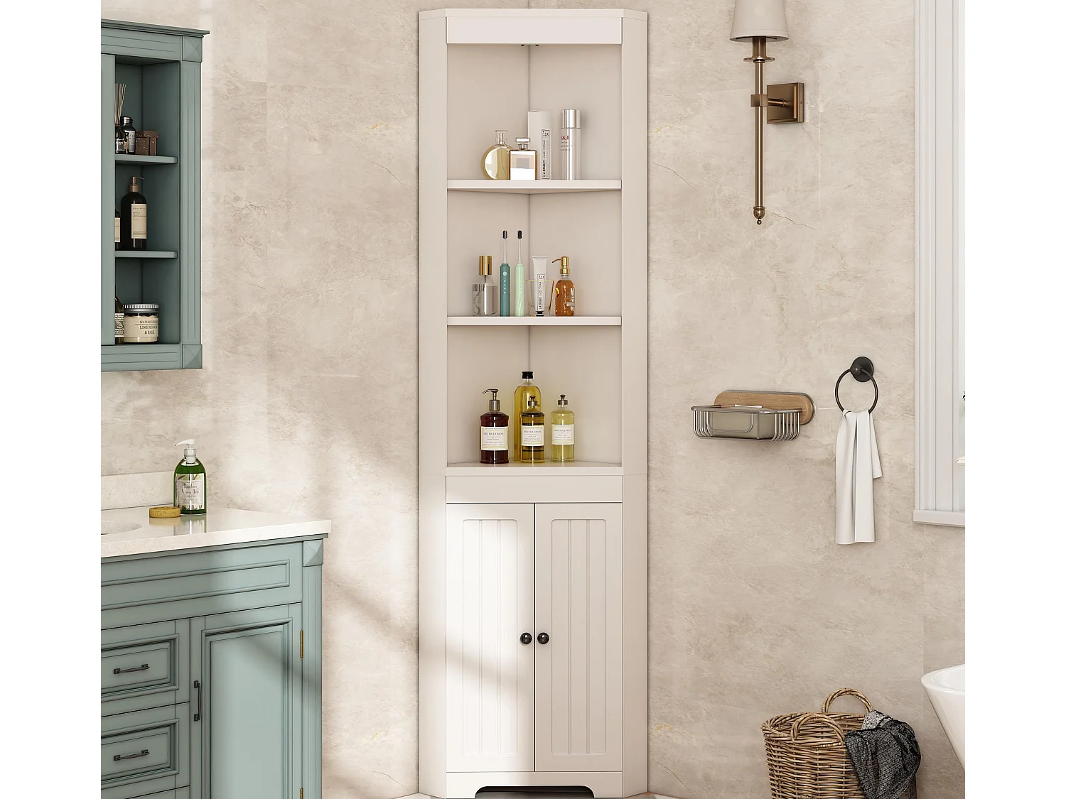 Badmeubel 49,5×35×170 cm - 3 open vakken - 2 vochtbestendige deuren - verstelbare planken - wit