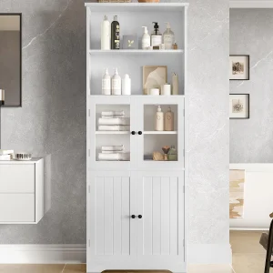 Badmeubel 57,4×28,5×160 cm – 4 deuren – 2 open vakken – verstelbare planken – wit Badmeubel 57,4×28,5×160 cm – 4 deuren – 2 open vakken – verstelbare planken – wit