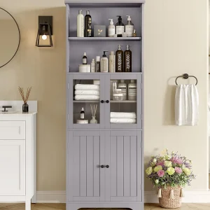 Badmeubel 57,4×28,5×160 cm – 4 deuren – 2 open vakken – verstelbare planken – grijs Badmeubel 57,4×28,5×160 cm – 4 deuren – 2 open vakken – verstelbare planken – grijs
