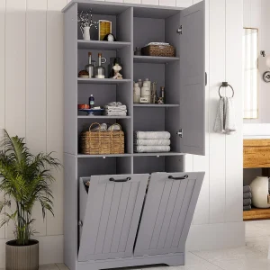 Badmeubel 78×35×172 cm – dubbele wasmand – 4 open vakken – 1 deur – grijs Badmeubel 78×35×172 cm – dubbele wasmand – 4 open vakken – 1 deur – grijs