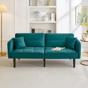 2-zits slaapbank in turquoiseblauw fluweel, verstelbare rugleuning en armleuningen, voor woonkamer of kantoor 2-zits slaapbank in turquoiseblauw fluweel, verstelbare rugleuning en armleuningen, voor woonkamer of kantoor
