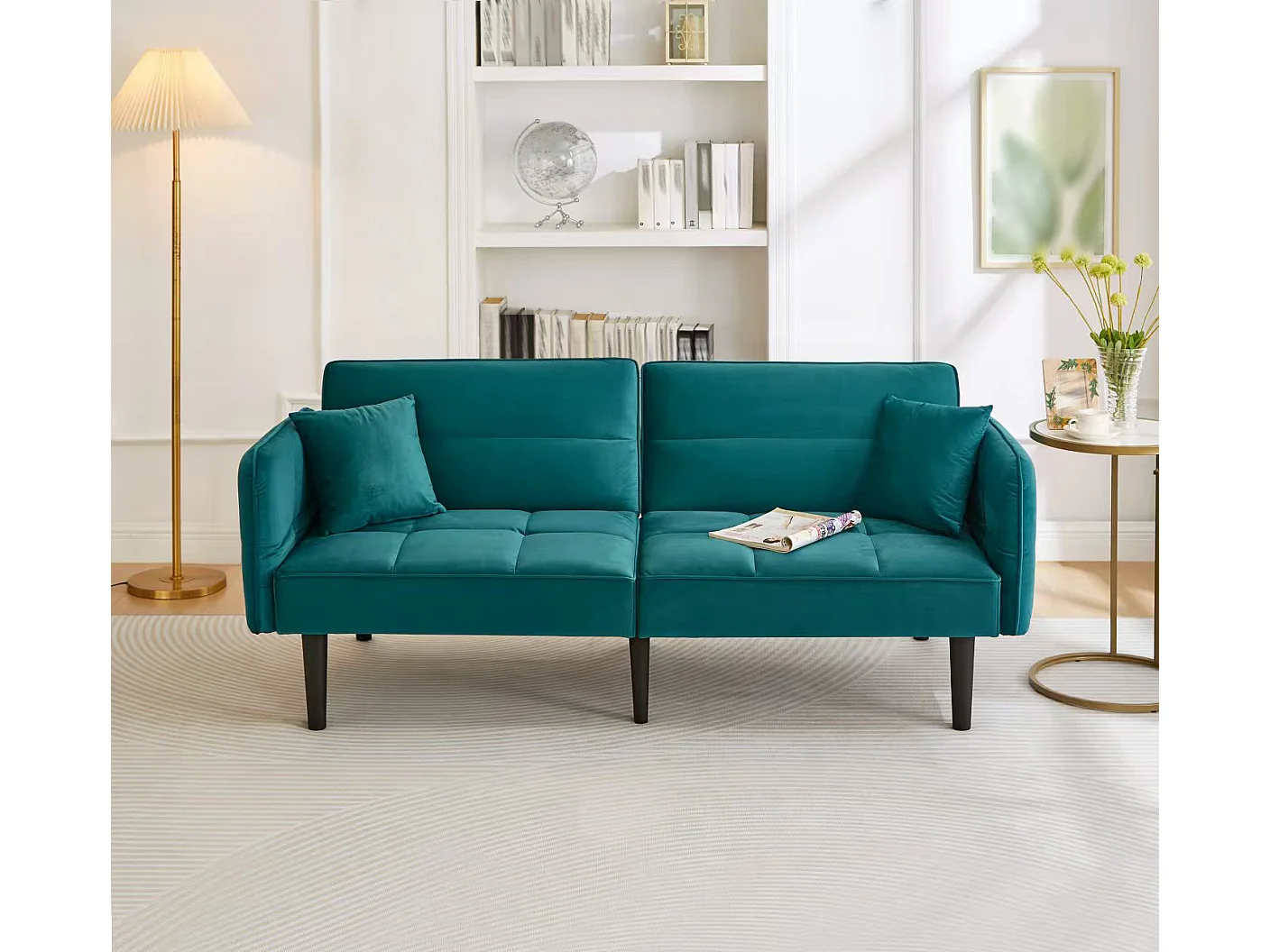 2-zits slaapbank in turquoiseblauw fluweel, verstelbare rugleuning en armleuningen, voor woonkamer of kantoor