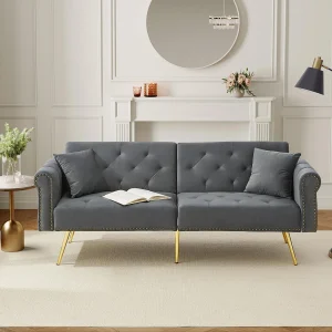 2-zitsbank, grijs fluweel, met 3-standen verstelbare rugleuning, gouden poten, voor woonkamer en kantoor 2-zitsbank, grijs fluweel, met 3-standen verstelbare rugleuning, gouden poten, voor woonkamer en kantoor